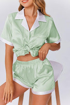 Ekouaer Womens Silk Satin Pajama Set Short Sleeve PJs 2 Piece Button Down Top and Shorts Notch Collar Sleepwear Sets Soft Pjs
