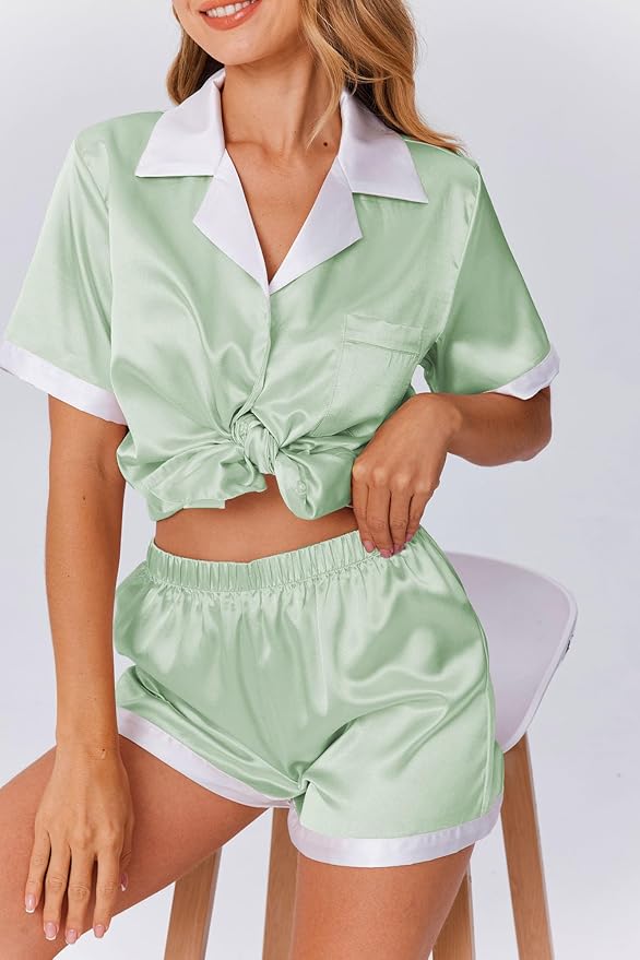 Ekouaer Womens Silk Satin Pajama Set Short Sleeve PJs 2 Piece Button Down Top and Shorts Notch Collar Sleepwear Sets Soft Pjs