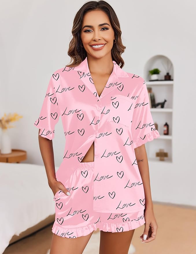 Ekouaer Satin Pajama Set for Women Button Down Silk 2 Piece Pj Sets Ruffle Short Sleeve Sleepwear
