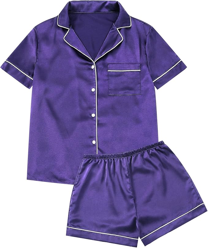 Silk Pajamas for Women Satin Womens PJ Set 2 Piece Short Lounge Set Summer Sleepwear Notch Collar Button-Down Pjs