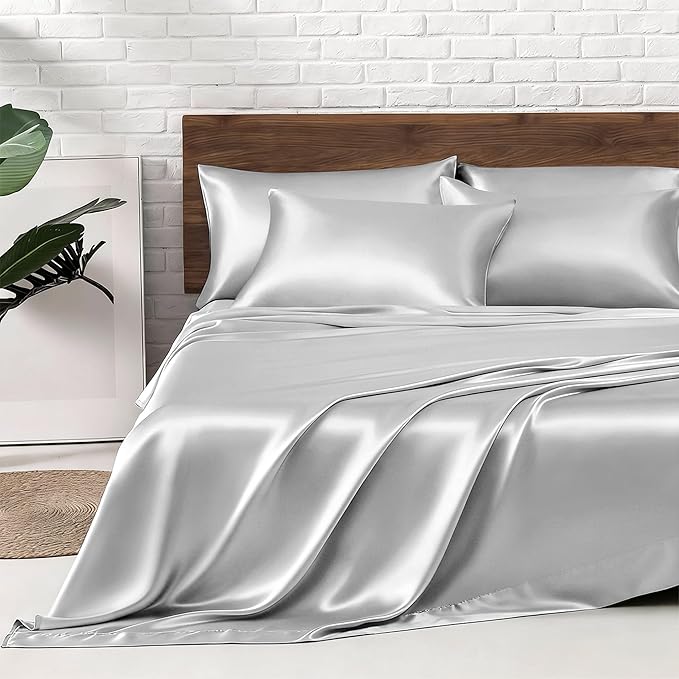MR&HM Satin Bed Sheets, King Size Sheets Set, 6 Pcs Silky Bedding Set with 15 Inches Deep Pocket for Mattress (King, Silver Grey)