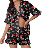 Ekouaer Womens Satin Pajamas Set 2 Piece Button Down Silk Pjs Ruffle Short Sleeve Shorts Set Notch Collar Sleepwear