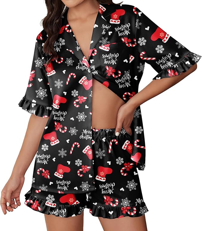 Ekouaer Womens Satin Pajamas Set 2 Piece Button Down Silk Pjs Ruffle Short Sleeve Shorts Set Notch Collar Sleepwear