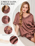 Silk Pajamas for Women Short Sleeve Satin 2 Piece Pj Set Soft V Neck Sleepwear Loungewear, S-XXL