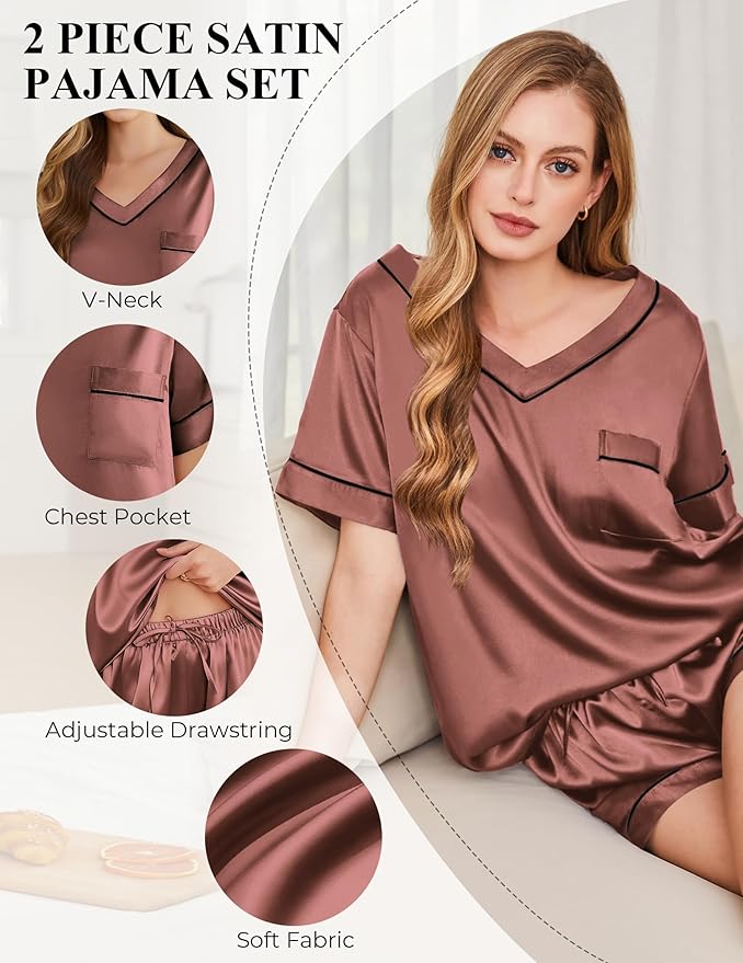 Silk Pajamas for Women Short Sleeve Satin 2 Piece Pj Set Soft V Neck Sleepwear Loungewear, S-XXL