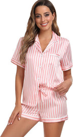Serenedelicacy Women's Satin Pajama Set 2-Piece Sleepwear Loungewear Button Down Short Sleeve Silky PJ Set