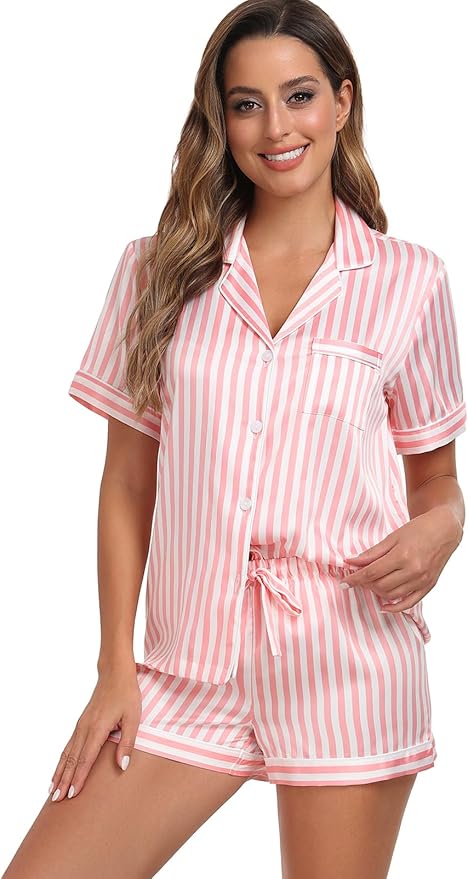 Serenedelicacy Women's Satin Pajama Set 2-Piece Sleepwear Loungewear Button Down Short Sleeve Silky PJ Set