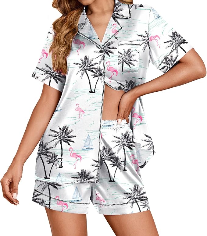 Ekouaer Womens Satin Silk Pajamas Set Short Sleeve Sleepwear Button Down Top and Shorts Loungewear 2 Piece Pjs Set S-XXL