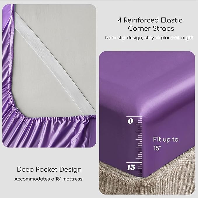 MR&HM Satin Bed Sheets, King Size Sheets Set, 4 Pcs Silky Bedding Set with 15 Inches Deep Pocket for Mattress (King, Lavender)