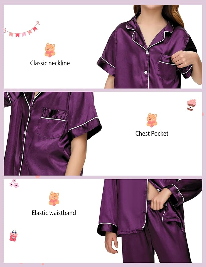 EPLAZA Kids Satin Pajamas Sets Girls Boys Button-Down Silky Pajamas Sleepwear with Hairband Eye Mask Hair Tie