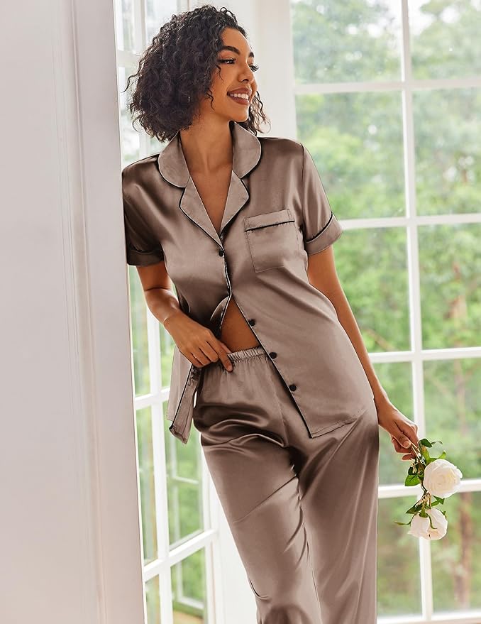 Ekouaer Silk Satin Pajamas Set Women Short Sleeve Sleepwear Soft Button Down Loungewear Pjs Set