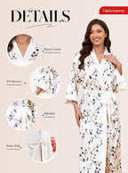 Hellomamma Womens Satin Silk Robe: Lightweight 3/4 Sleeve Comfy Floral Print Kimono Sleepwear for Bride Wedding Party Gift