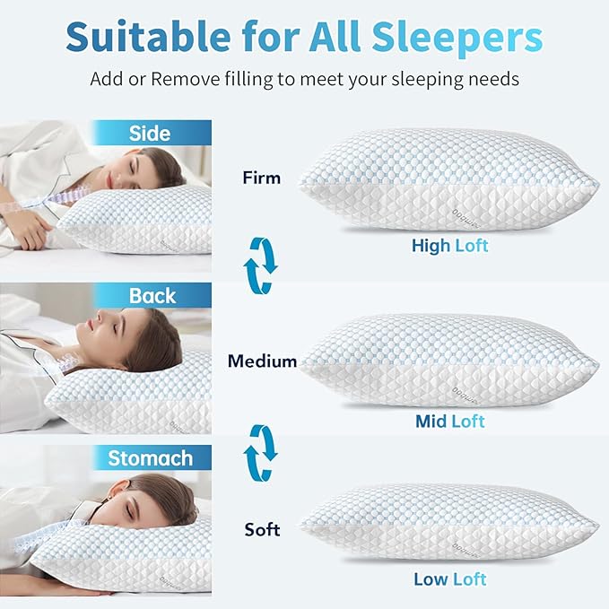 Cooling Shredded Memory Foam Pillow Queen Size - Adjustable Loft for Back & Side Sleepers, Breathable & Supportive Bed Pillow with Removable Washable Cover Queen(Pack of 2)