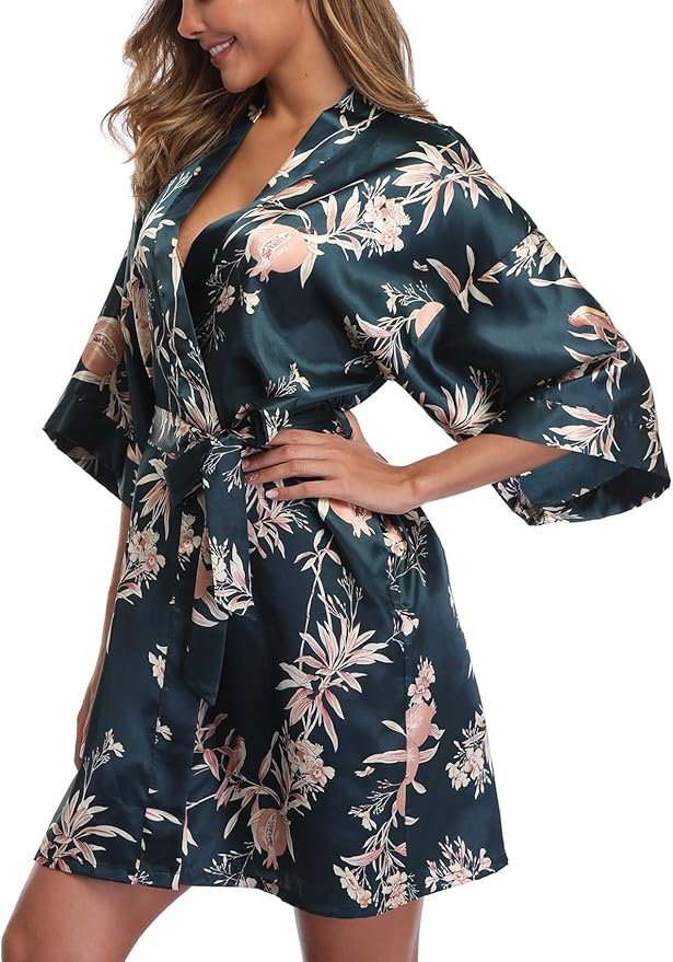Women's Floral Satin Robes Bride Bridesmaid Getting Ready Robe Short Silky Kimono Sleepwear for Wedding Party