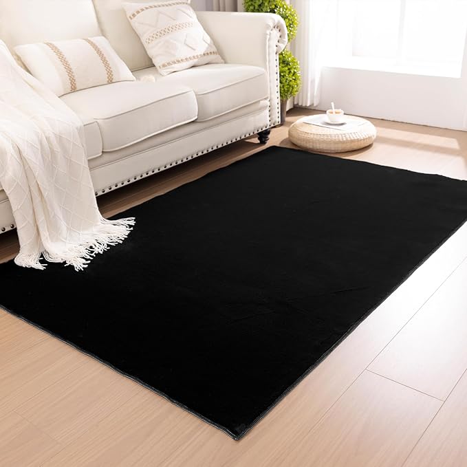 SHACOS Silky Soft Faux Rabbit Fur Area Rug 4'x6' Non Slip Washable Padded Medium Thick Rugs Fluffy Cozy Indoor Modern Carpet for Living Room Bedroom Dining Room Kids Room Dorm Home Decor, Black