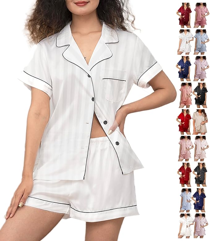 WJing Yi Jia Womens Silk Satin Pajamas Loungewear Two-Piece Sleepwear Button-Down Floral Pj Set XS-4XL