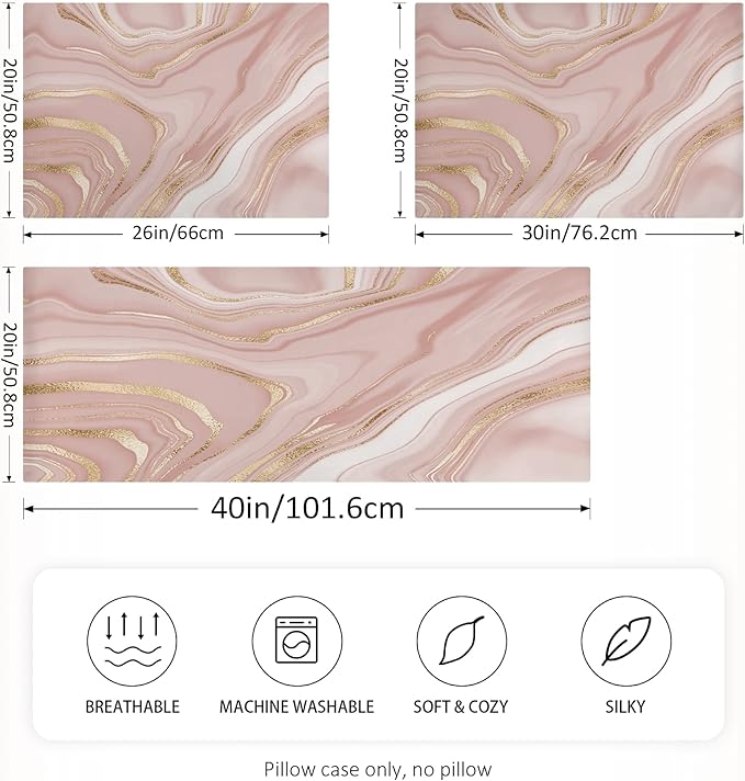 Rose Gold Satin Pillowcase for Hair and Skin, Rose Gold Marble Silk Pillow Case with Envelope Closure, Standard Size 20x26 inches, 1 PC