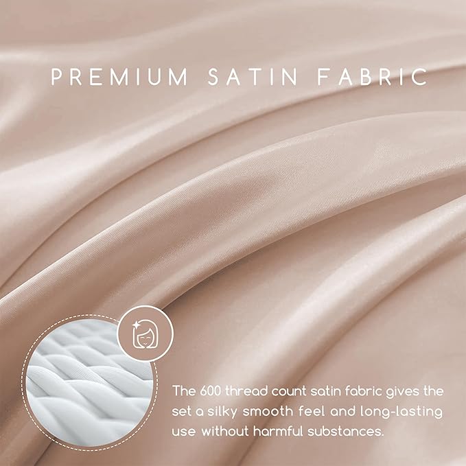 MR&HM Satin Bed Sheets, Twin XL Size Sheets Set, 3 Pcs Silky Bedding Set with 15 Inches Deep Pocket for Mattress (Twin XL, Champagne)