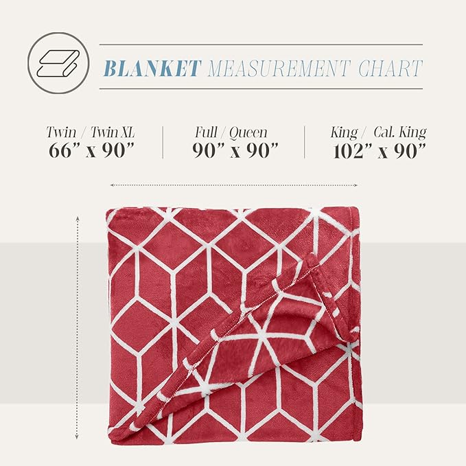 Elegant Comfort Luxury Velvety Feel Blanket, All-Season Lightweight Blanket, Ultra Plush, Soft, Cozy-Fuzzy Flannel Fleece for Couch, Sofa, Bed, Travel, Cube Design, Full/Queen, Burgundy