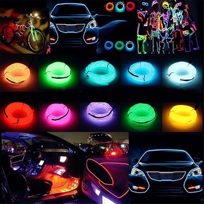 JIGUOOR EL Wire Battery Pack 9.8ft / 3m Bright Neon Light Strip 360° Illumination Neon Tube Rope Lights for DIY, Festival, Party Decoration, Pub, Halloween, Chrismas (9.8ft / 3m, Fluorescent Green)