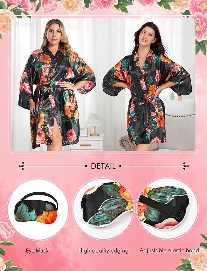 EPLAZA Silk Robes for Women Satin Robe Short Sexy Print Flower Kimono Loungewear Wedding Bridal Party