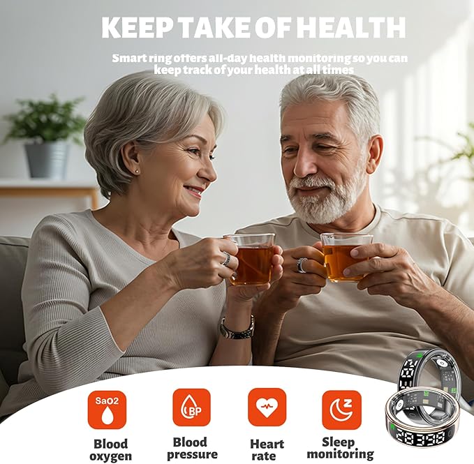 Smart Health Ring for Women Men, Smart Ring Fitness Tracker for iOS Android, Heart Rate, Blood Oxygen, Blood Pressure, Sleep Monitoring,5ATM Waterproof, No Subscription Fee (Gold, 13#)