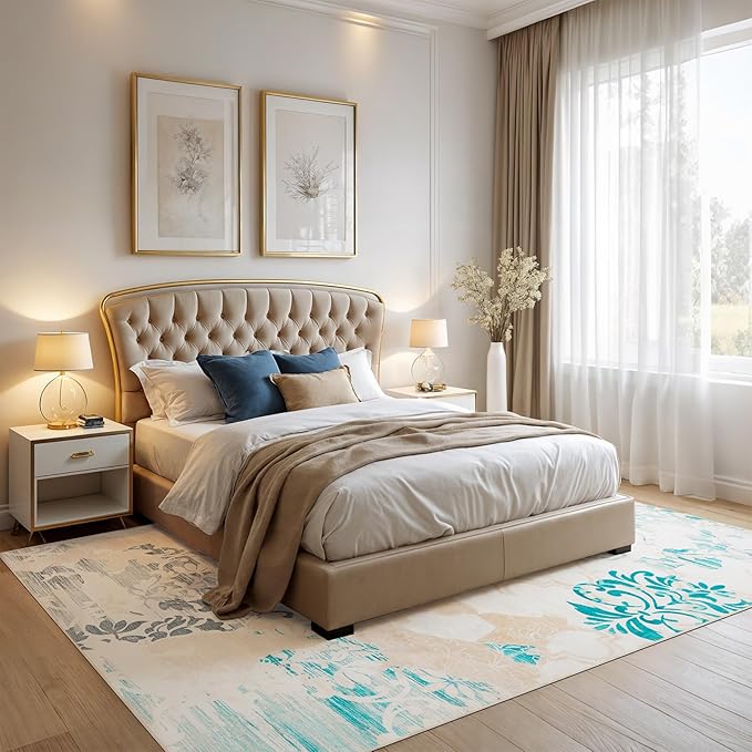 CRYPTOLITE Area Rugs 8x10 Rug for Living Room Abstract Washable Rug with Non-Slip Backing Low Pile Area Rug for Bedroom, Dining Room, Beige
