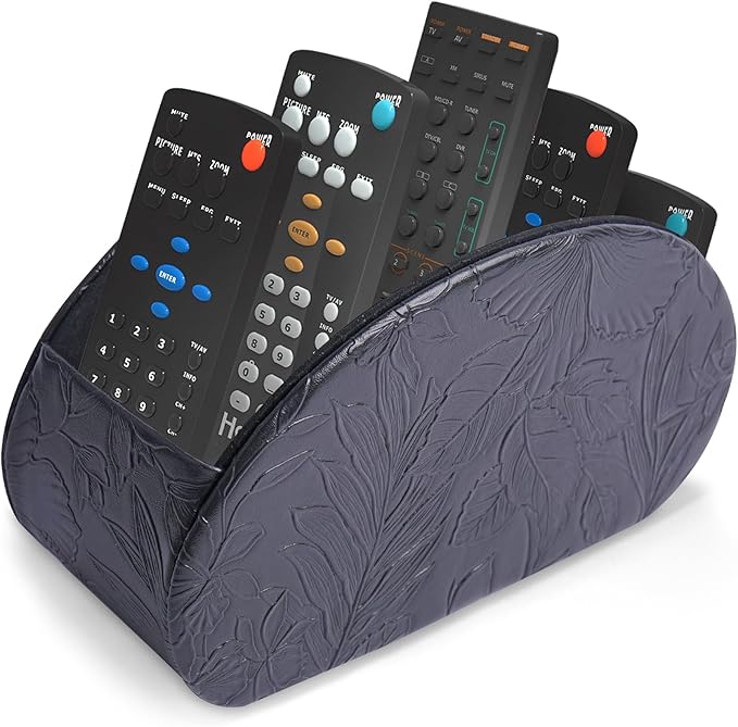 QIELIZI Remote Control Holder, PU Leather Remote Caddy Desktop Organizer with 5 Spacious Compartments for TV Remotes/Media Controllers/Office Supplies (1-Carved Black