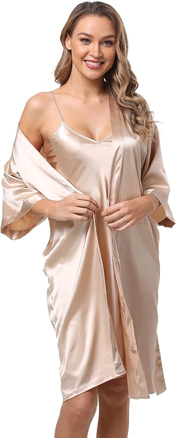 Women's Satin Robes Set with Nightgown Silk Kimono Pajamas 2 Piece Sleepwear Camisole Wedding Bride Gown Set