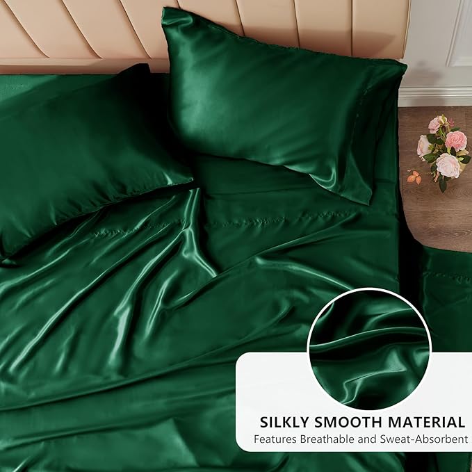 CozyLux Satin Sheets Queen Size Bed Set - 4 Piece Silky Queen Sheet Set, Luxury Dark Green Queen Sheets with Smooth and Soft Microfiber, Includes 1 Fitted Sheet, 1 Flat Sheet and 2 Pillowcases