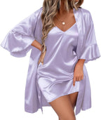 Ekouaer Women's Silk Robe Set V-neck 2 Piece Bridal Party Robes and Satin Bathrobe Set with Pockets