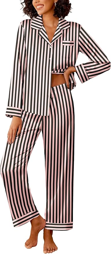 Ekouaer Womens Silk Satin Pajama Sets 2 Piece Sleepwear Pjs Set Long Sleeve Button Down Top and Pants Stripe Loungewear S-XXL