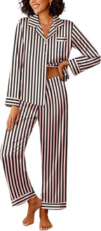 Ekouaer Womens Silk Satin Pajama Sets 2 Piece Sleepwear Pjs Set Long Sleeve Button Down Top and Pants Stripe Loungewear S-XXL
