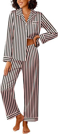 Ekouaer Womens Silk Satin Pajama Sets 2 Piece Sleepwear Pjs Set Long Sleeve Button Down Top and Pants Stripe Loungewear S-XXL