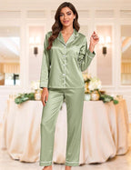 EPLAZA Silk Pajamas for Women Satin Pajamas Set 5 Pcs Long Sleeve Print Pattern Button Down Pjs Sleepwear Loungewear Set