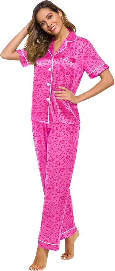 SWOMOG Women Satin Pajamas Set Short Sleeve Top & Pants Sleepwear Silky Button Down Nightwear 2pcs Loungewear Pjs Set