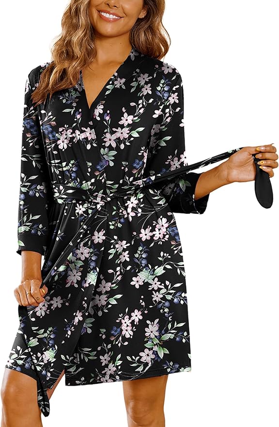 Ekouaer Women‘s Robes Lightweight 3/4 Sleeve Short Knit Bathrobe Soft Knee Length Sleepwear Robes with Pockets S-XXL