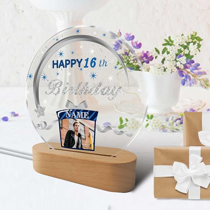 Customized Birthday Gifts Personalized Acrylic LED Night Light Lamp Crystal Ball Plaque Custom Photo Name Birthday Gifts for Mom Kids (Navy Blue and Silver)