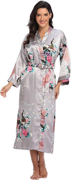 Valennia Women Long Silky Bathrobe Satin Kimono Robe Floral Printed Dressing Gown Sleepwear
