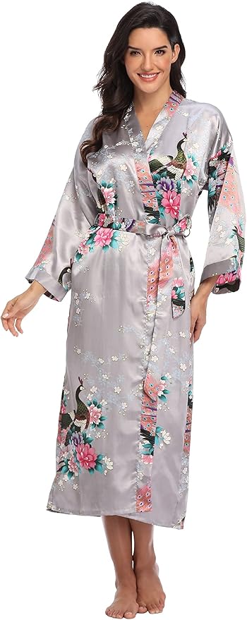 Valennia Women Long Silky Bathrobe Satin Kimono Robe Floral Printed Dressing Gown Sleepwear