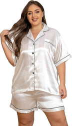 Vozanet Women's Short Sleeve Satin Pajama Sets Silky Ladies Button Down Loungewear Plus Size Nighty Shorts Sets XL to 5XL