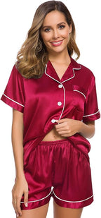 SWOMOG Womens Silk Satin Pajamas Set Short Sleeve Sleepwear Button Down Top and Shorts Loungewear 2 Piece Pjs Set XS-3XL