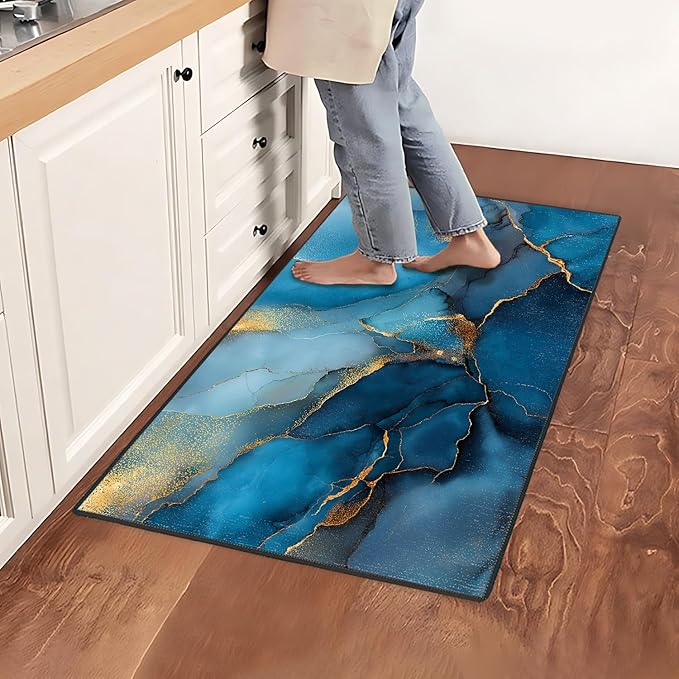 Blue Marble Area Rug 2x3 ft Entry Rug Washable Boho Rugs Non Slip Low Pile Floral Door Mat Small Carpet for Bedroom, Bedside, Kids Room, Office, Dining Room