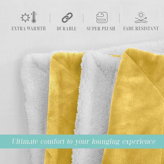 Elegant Comfort Throw Blanket, Reversible Sherpa Flannel, Ultra-Soft, Fuzzy, Cozy and Plush- All Season Lightweight Decorative Throw, 50 x 60 inches, Solid Sherpa Throw, Yellow