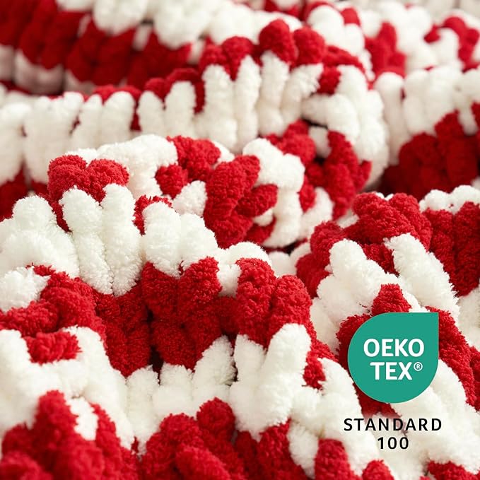 Amélie Home Chunky Knit Throw Blanket for Couch, Soft Chenille Handmade Crochet Throw Rope Knot Blanket for Couch, 50"x60",Red White Stripe
