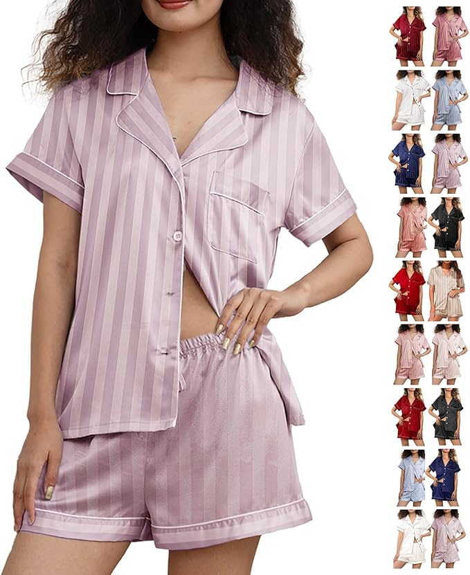 WJing Yi Jia Womens Silk Satin Pajamas Loungewear Two-Piece Sleepwear Button-Down Floral Pj Set XS-4XL