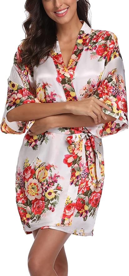 Women's Floral Satin Robes Bride Bridesmaid Getting Ready Robe Short Silky Kimono Sleepwear for Wedding Party
