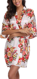Women's Floral Satin Robes Bride Bridesmaid Getting Ready Robe Short Silky Kimono Sleepwear for Wedding Party