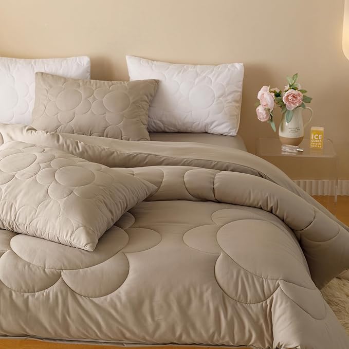 Luxlovery Beige Coffee Comforter Set Full Light Khaki Sunflower Bedding Comforter Mocha Coffee Bedding Comforter Set Boho Farmhouse Modern Bedding Set Full Size