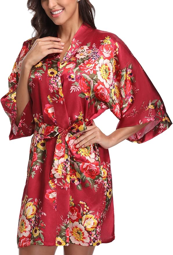 Women's Floral Satin Robes Bride Bridesmaid Getting Ready Robe Short Silky Kimono Sleepwear for Wedding Party